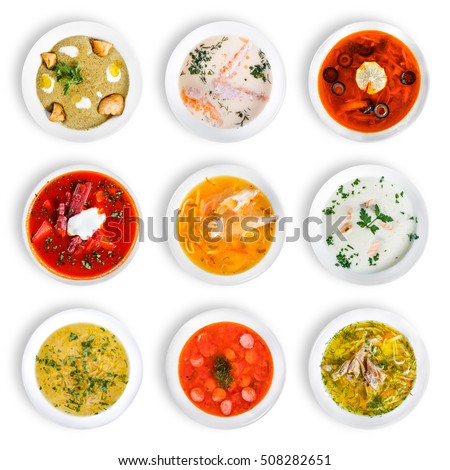 Big set of soups from worldwide cuisines, healthy food. Cream soup with mushrooms, asian fish soup, soup with meat - solyanka, russian borscht, chicken soup, isolated on white. Top view, flat lay Royalty-Free Stock Photo #508282651