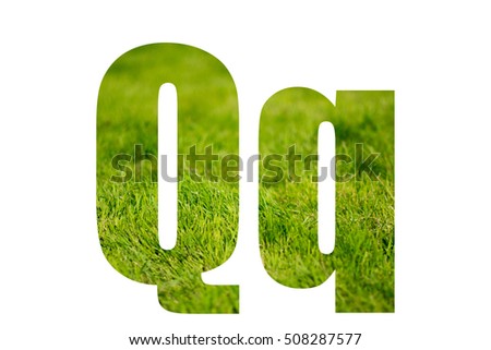 Double exposure with green grass. Letter Q. Isolated on white background