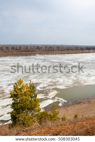 Spring River, the ice on the river. picturesque spring landscape with river ice melted bare trees and beautiful clouds in the blue sky