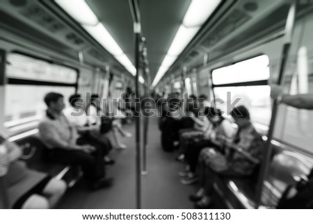 Hong Kong Abstract blur people on electric sky train station, railroad transportation for passenger in city, urban lifestyle