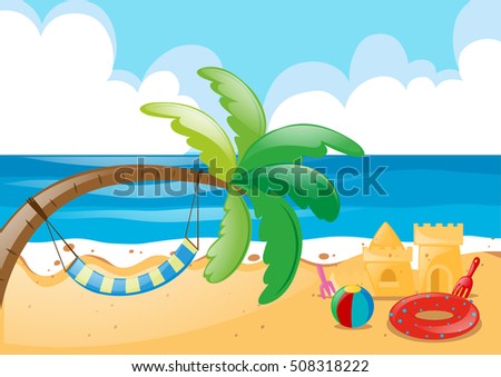 Beach scene with hammock on tree illustration