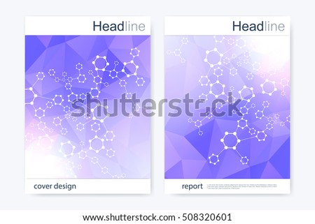 Scientific brochure design template. Vector flyer layout. Hexagonal molecule structure DNA with connected lines and dots. Scientific colorful polygonal pattern for magazine, leaflet, cover, poster