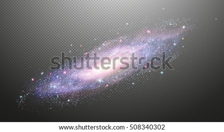 Abstract barred spiral galaxy, outer space, isolated on transparent background. Gold glittering stars,sparkling dust. Hand drawn elements, vector illustration, separated editable layers and brushes.  Royalty-Free Stock Photo #508340302