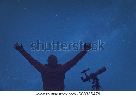 Man enjoying under the starry sky with telescope beside him. My astronomy work.