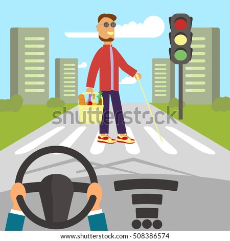A blind man with walking stick is crossing street. Human hands driving a car on asphalt road with disability person walking on the crosswalk, car interior, flat design vector illustration.