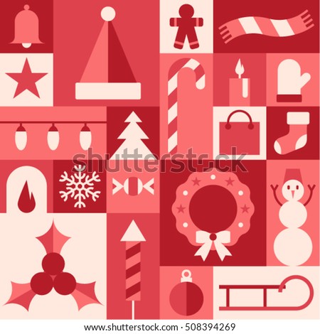 Christmas, vector flat illustration, icon set: bell, star, hat of Santa Claus, cookie, scarf, mitten, candle, present, sock, cane, tree, garland, fireplace, snow, candy, wreath, snowman, holly, ball