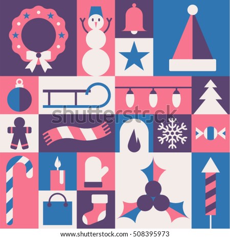 Christmas, vector flat illustration, icon set: bell, star, hat of Santa Claus, cookie, scarf, mitten, candle, present, sock, cane, tree, garland, fireplace, snow, candy, wreath, snowman, holly, ball