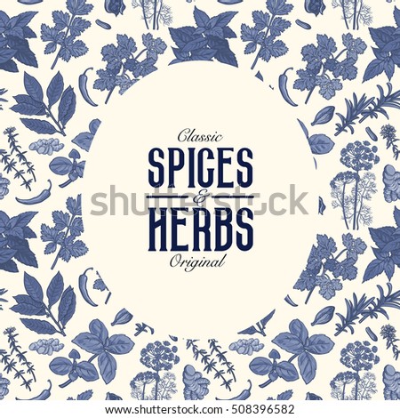 Banner, poster design with oval frame over seamless pattern of monochrome spices and herbs, sketch style vector illustration. Banner template with seamless hand drawn herbs and spices background
