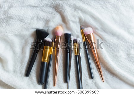 Professional Makeup Brushes on white cloth