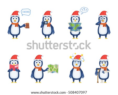 Set of Christmas penguin characters posing in different situations. Cheerful penguin holding mug of beer, map, magnifier, reading a book, injured, dizzy. Flat style vector illustration