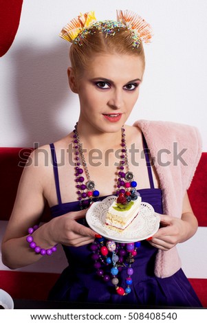 Woman and sweet cake, sweet diet