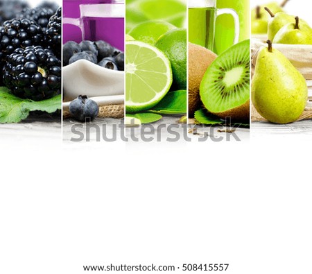 Photo of colorful mix stripes with fruit, slices and glass with tea; healthy food and drink concept; white space for text
