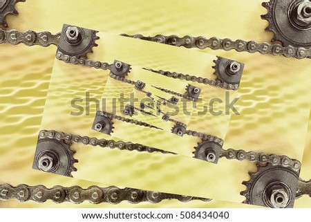 Collage of cogwheels and chain on grunge background with geometric pattern.Digitally altered image.