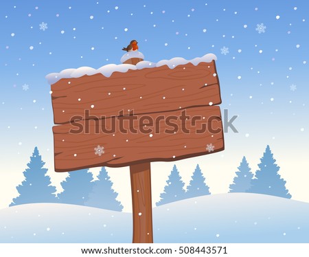 Vector drawing of a Christmas wooden signboard with empty copy space, on a snowy background