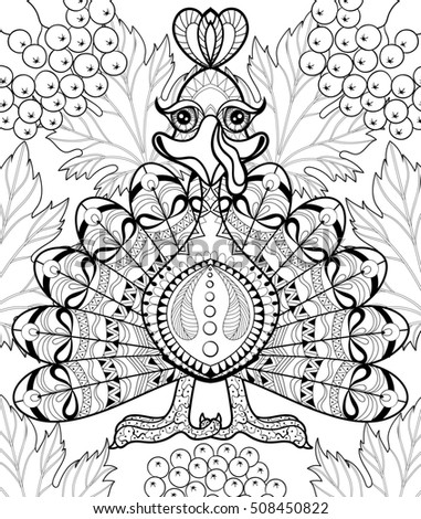Zentangle stylized Turkey with autumn leaves for Thanksgiving day. Freehand sketch for adult anti stress coloring page with doodle elements. Ornamental artistic illustration. A4 size.