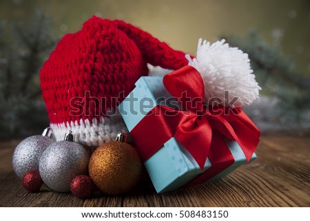 Red Santa hat, Holiday Christmas background