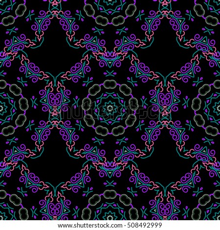 Floral seamless pattern. Wallpaper baroque, damask. Seamless background. Violet ornament on a black background.