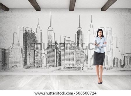 Portrait of woman standing in concrete room with city panorama sketch on the wall. Concept of modern art. 3d rendering.