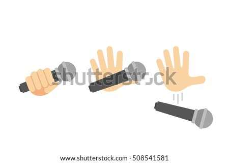Mic drop illustration set. Cartoon hand holding and dropping microphone action.