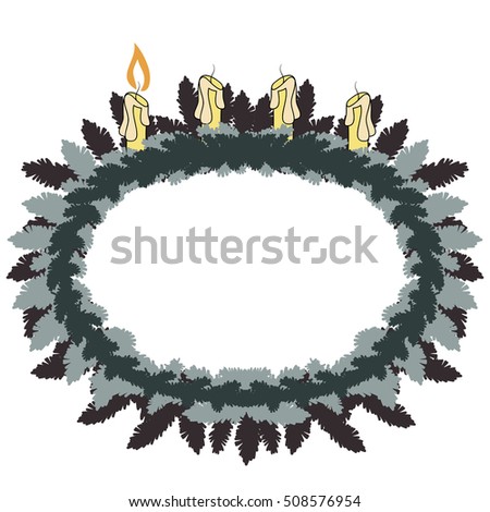 Colorful illustration background, invitation or greeting card template with fir branches and Advent candles. Advent first week. Merry Christmas, Advent and Happy New Year. Vector design.