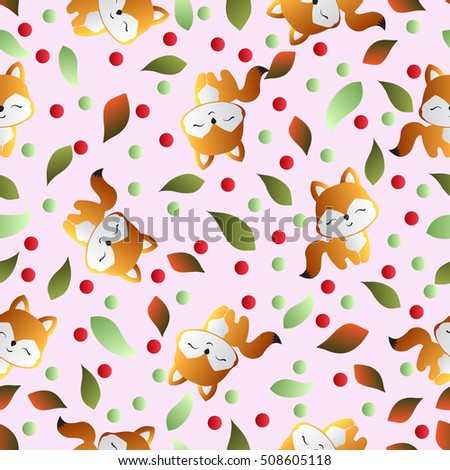 seamless pattern with smiling red fox and green leaves on a pink background 