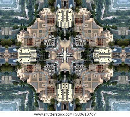geometric composition of city of Toledo, Spain,  kaleidoscopic picture, creative photographs of Toledo,  Religious buildings surreal photography, 