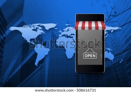 Modern smart mobile phone with on line shopping store graphic and open sign over world map and city tower, Elements of this image furnished by NASA