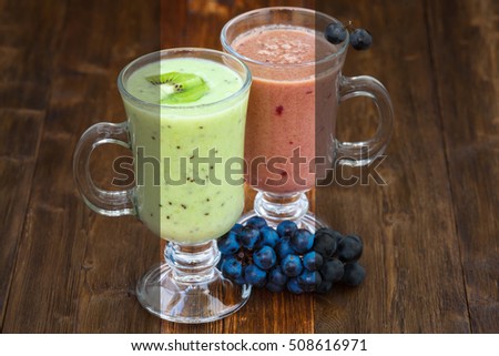 Photo before and after the image editing process. Grape and kiwi fruit milk smoothie