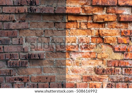 Photo before and after the image editing process. Weathered stained old orange and red brick wall, texture grunge background