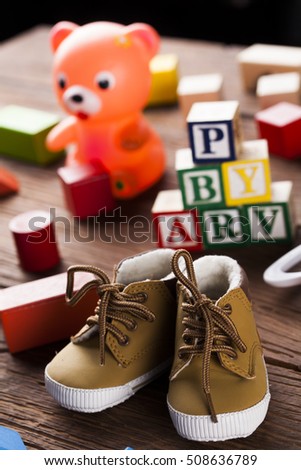 Toys collection on colorful background