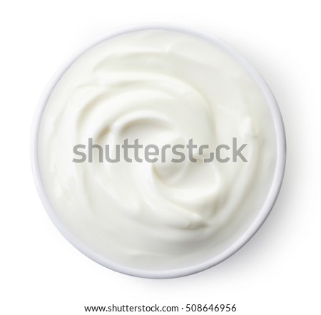 Bowl of greek yogurt isolated on white background from top view Royalty-Free Stock Photo #508646956