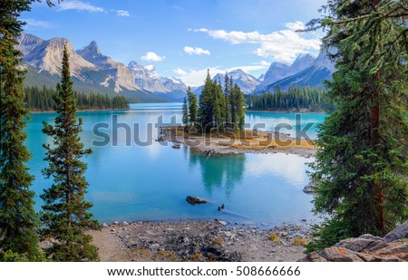 Spirit Island at the Maligne Lake, Alberta, Canada Royalty-Free Stock Photo #508666666