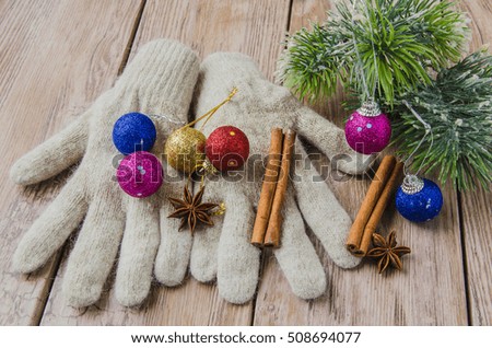 knitted gloves with pine branch and christmas decorations