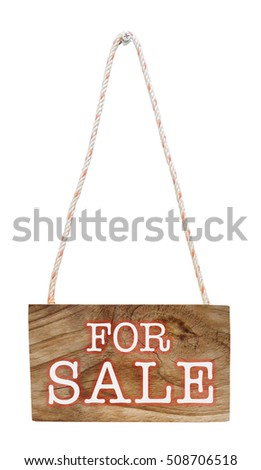 For sale on hanging wooden sign, isolated, with clipping path