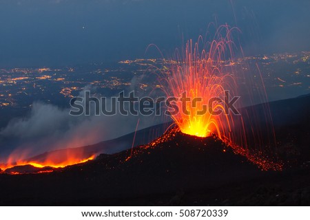 Etna eruption of July 2014 - lava flow and explosions
 Royalty-Free Stock Photo #508720339