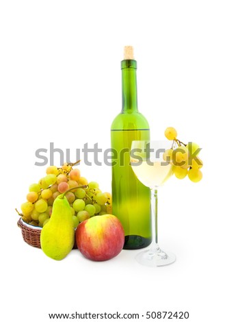  Bottle of white wine and various autumn fruits