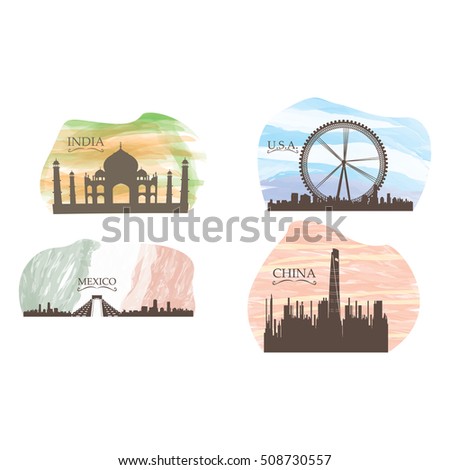 Set of different skylines on a white background, Vector illustration