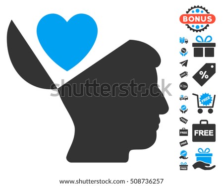 Open Mind Love Heart icon with free bonus images. Glyph illustration style is flat iconic symbols, blue and gray colors, white background.
