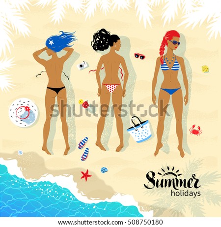 Top view vector illustration of three sunbathing young women lying on beach near sea surf.