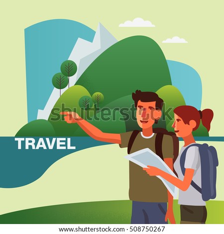 Young, smiling couple planning the route and looking at the map. Travel, vacation, holidays and adventure vector concept illustration. Mountain landscape background. Poster design style