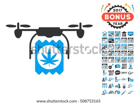 Drone Cannabis Delivery pictograph with bonus 2017 new year pictograph collection. Glyph illustration style is flat iconic symbols, blue and gray colors, white background.
