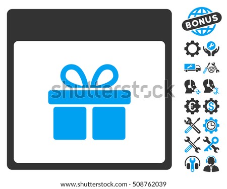 Present Box Calendar Page pictograph with bonus tools clip art. Glyph illustration style is flat iconic symbols, blue and gray, white background.
