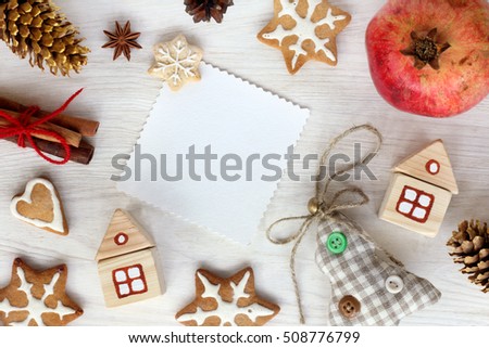 flat layout of the festive Christmas items top view / atmosphere of winter holidays