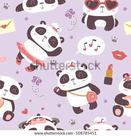 vector cartoon style cute girl panda seamless pattern