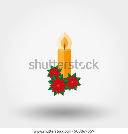 Christmas candle decorated with poinsettia. Icon for web and mobile application. Vector illustration on a white background. Flat design style.
