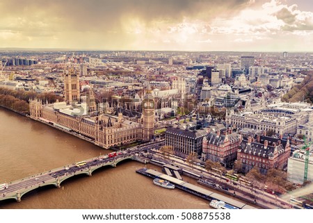Westminster in London aerial view, vintage effect colored image