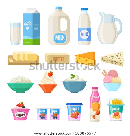 Vector collection of dairy products in flat style including milk, butter, cheese, yogurt, cottage cheese, sour cream, ice cream, cream, isolated on white. Royalty-Free Stock Photo #508876579