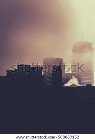 Retro Sepia Style Downtown US City In The Fog At Sunset With Copy Space