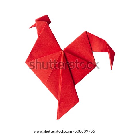 Red fire paper folded rooster handmade origami craft on white background isolated