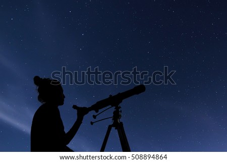 Woman with astronomical telescope. Starry night  Constellations, Ursa Major, Ursa Minor, Draco Starry night, Dark sky Royalty-Free Stock Photo #508894864